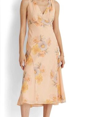 Ralph Lauren Peach Floral V-Neck Midi Dress